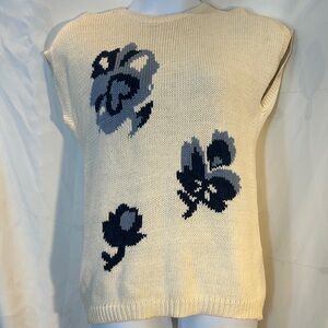 Vintage Russ Studio Ramie Cotton Floral Knit Sweater Vest Sz M Cream Blue 90s